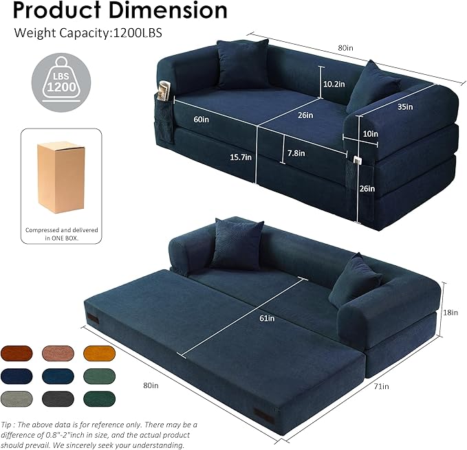 80 Convertible Sofa Bed Corduroy Deep Seat Folding Pull Out Couch with Pillows No Assembly Modern Boneless Couch Compression Sofa in Box Floor Sofa with Storage Pocket for Living RoomNavy Blue
