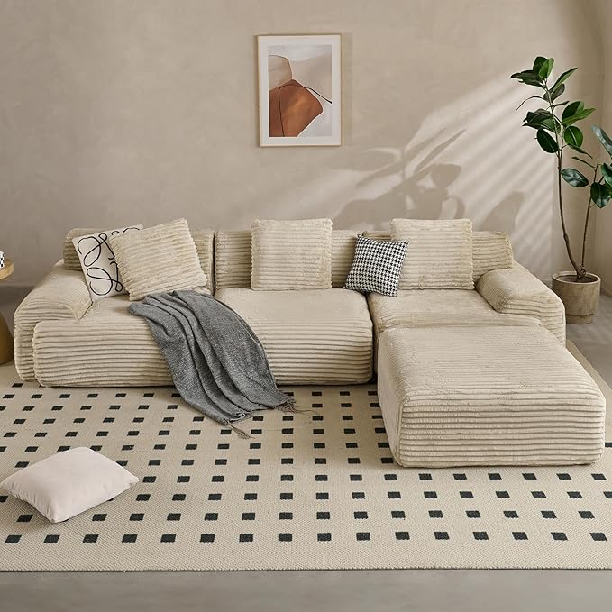 VK·LIVING 113 Cloud Sectional Couch 61.6 Deep Seat Boneless Modular Sofa with Wide Armrests Plush Corduroy Memory Foam Couch for Living Room No Assembly Sage Green