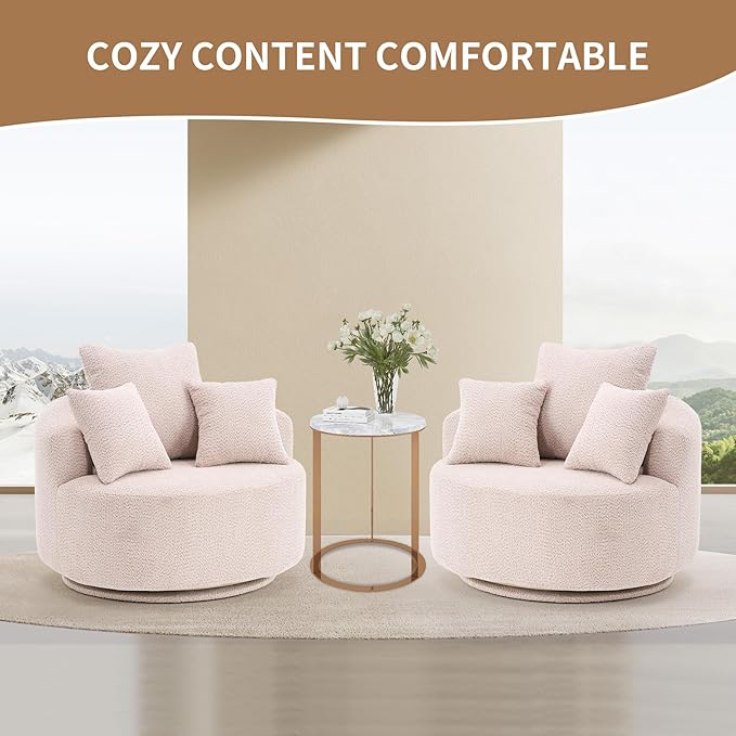 40” Beige Round Swivel Chair with 3 Pillows &amp Thick Cushion Oversized 360° Swivel Accent Chair Modern Boucle Armchair for Nursery Living Room Bedroom Club