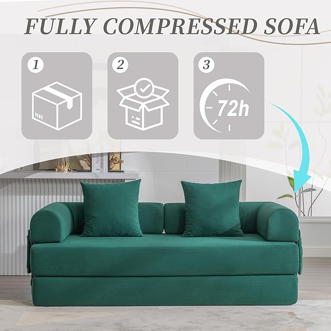 Convertible Sleeper Sofa Bed 78.5 Folding Floor Sofa Mattress Couch with Pillows Corduroy Futon Boneless Couch Lounge Loveseat with Pull Out Bed Emerald Green