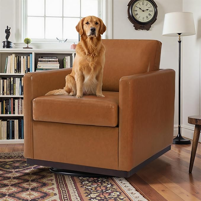 Pia Ricco Single Swivel Barrel Chair Modern Accent Armchair in Easy-Clean PU Leather Mid-Century Style for Living Room or Home Office Brown
