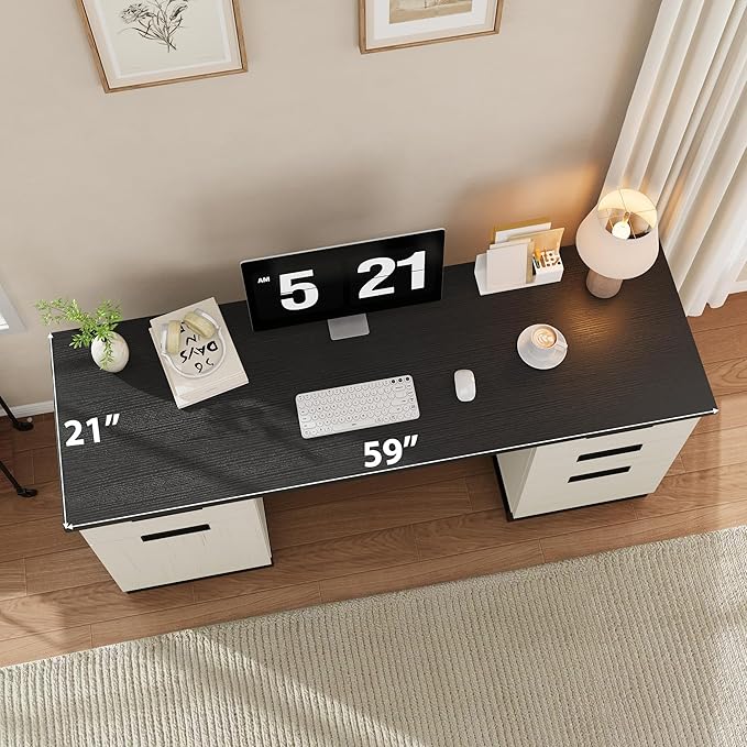 IDEALHOUSE Farmhouse Executive Desk 59 Computer Desk White Home Office Desks with File Drawer and Storage Cabinet Wood Writing Desks for Home Office Bedroom White+Black