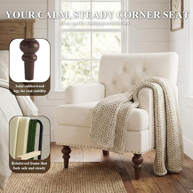 Upholstered Accent Chair with Thick Cushion High Back Reading Chair Linen Blend Armchair with Solid Rubberwood Legs for Living Room Bedroom Reading Apartment &amp Small SpacesBeigeSet of 2