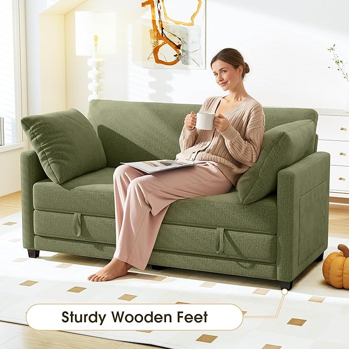 65 Convertible Loveseat Sofa Bed 2 in1 Folding Sofa Bed Loveseat Sleeper Sofa for Small Spaces Fold Out Floor Couch with 2 Pillows for Apartment Office &amp Guest Room (Green Chenille 65 inch)