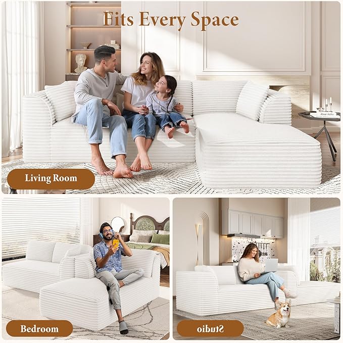 Vesgantti 106 Modular Sectional Sofa with Chaise Deep Seat Comfy Cloud Couch Corduroy L Shaped Sofa Sectional Couches for Living Room Bedroom No Assembly Required (Beige Right-Facing Chaise)