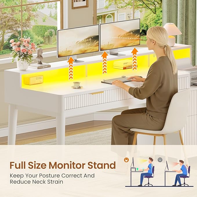 SEDETA Office Desk with 4 Storage Drawers 59 Fluted Wood Gaming Computer Desk with LED Lights and Power Strip Modern Writing Desk Study Table for Home Office Living Room Bedroom White
