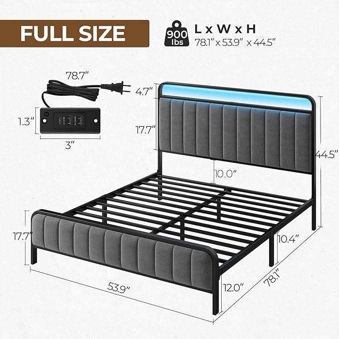 Rolanstar Full Size Bed Frame with LED Light and Charging Station Upholstered Headboard and Footboard Metal Slat Noise Free Easy Assembly Dark Gray