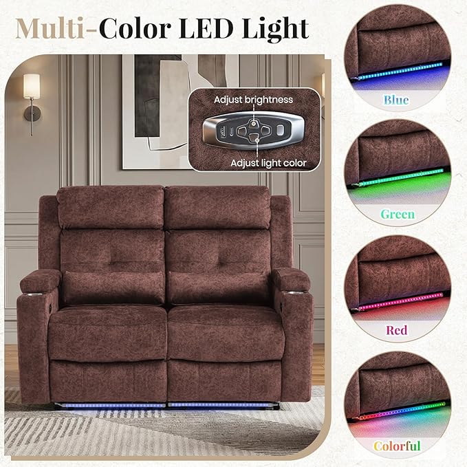 Power Reclining Loveseat Sofa Velvet Loveseat Recliner Sofa Couch with LED Light//Hidden StorageRV Wall Hugger Double Recliner for Living Room (Brown No Console) | LED Light Hidden Storage