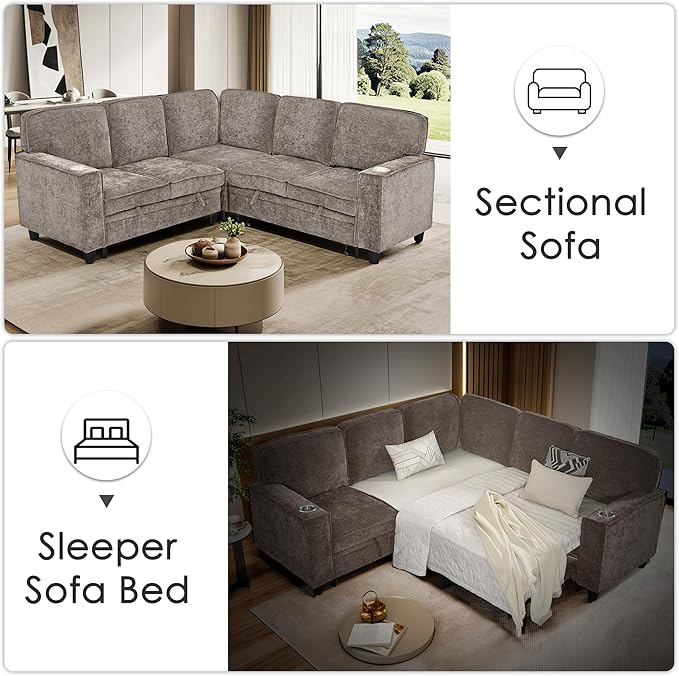 81 Modular Sectional Sofa L Shaped 5-Seater Sleeper Sofa with Pull Out Bed Hidden Storage Cup Holders &amp USB Charging Ports Sectional Couches for Living Room (Chenille Brown-Grey)
