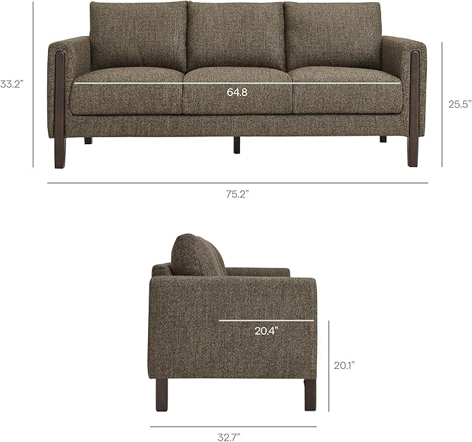 Modway Hawken 75 Inch Mid-Century Modern Boucle Sofa in Antique Espresso with Wood Legs – Comfortable 3-Seater Couch for Living Room Apartment or Office Lounge