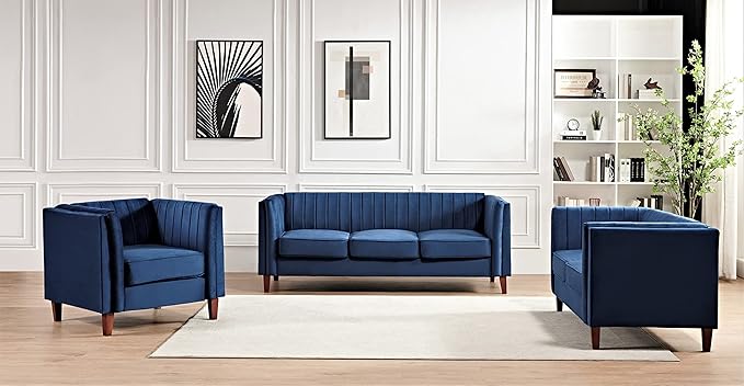 Container Furniture Modern Luxury Velvet Chair for Living Room with High Density Foam Soft Fabric Upholstery Removable Cushions and Solid Wood Legs 36.6'' Wide Armchair Dark Blue