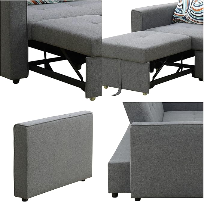 Convertible Sofa Bed Couch 4 Seat Iron Frame Sectional Couches for Living Room with Storage for Apartment Sleeper Sofa Couch with Pullout Bed Light Grey
