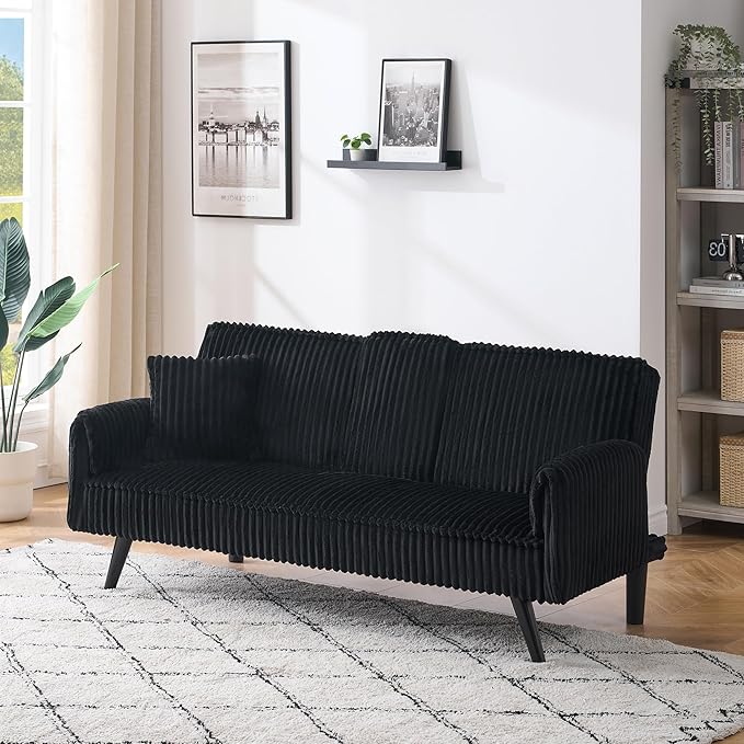 72 Modern Corduroy Sofa Bed FutonConvertible Sleeper Couch Bed with Cup Holder4 Reclining PositionsFolding Sofa Cloud Loveseat for Small Living Room Apartment Office (Black-New)
