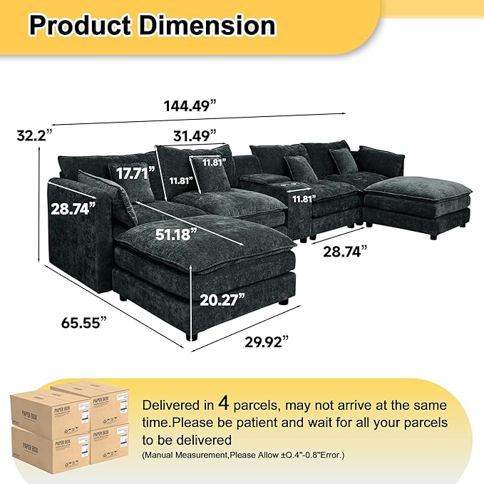 144 U Shaped CouchModular Sectional SofaCloud Couch with Ottoman6 Seater ConvertibleChenille FabricConsole &amp Cup HoldersSofa for Living RoomApartment (Dark Grey)