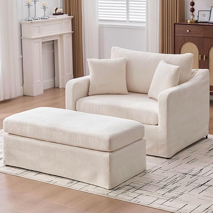 44 Oversized Reading Chair with OttomanWide Beige Accent ChairChenille Upholstered Square Chair with OttomanBig Comfy Chair for Living Room