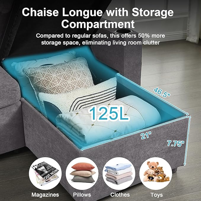 82 L Shaped Sleeper Sofa Bed: Sectional Sleeper Couch with Pull Out Bed Storage Chaise USB Charging &amp Cup Holder 3 Seat Sectional Sofa Bed with Throw Pillow (Terry Cloth - Grey)