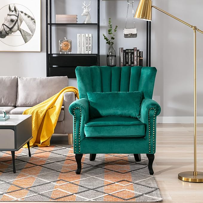 Accent Reading Arm Chairs Midcentury Modern Comfy Corner Sofa Chair Wingback Waiting Room Club Chair with Tufted Back for Living Room/Bedroom/Reception Room Velvet Green