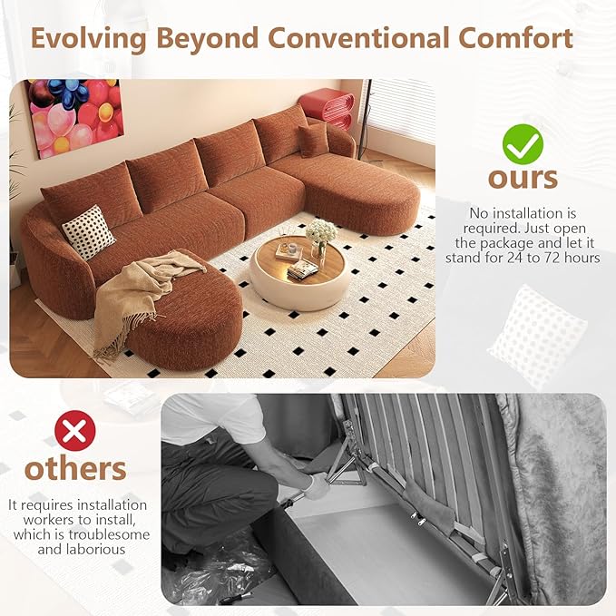 138.6 U Shaped Modern Modular Sectional Curved Back Sofa with Ottoman Minimalist Style Comfy Cloud Couch for Living Room Apartment No Assembly Required Boneless Couches (OrangeRight Facing Chaise)