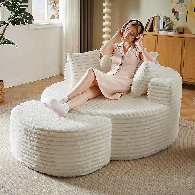 Oversized Round Chaise Lounge Chair Indoor with Ottoman Modern Upholstered Corduroy Circle Couch with Pillows Boneless Round Chairs for Living Room Apartroom No Assembly Required White