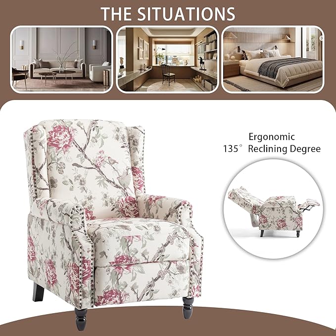 Set of 2 Floral Pushback Recliner Chairs Fabric Upholstered Rivet Trim Accent Club Chairs for Living Room Home Theater- Red Floral