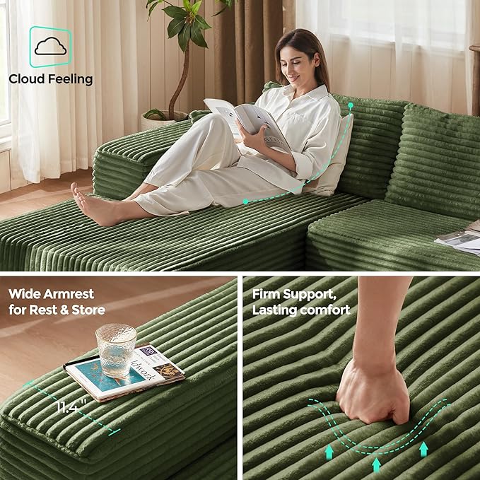 LINSY 106'' Cloud Sectional Couch - Plush Corduroy Modular Sofa with L-Shape Chaise Comfy Foam Couches for Living Room Apartment Compressed Couch No Assembly Required Green