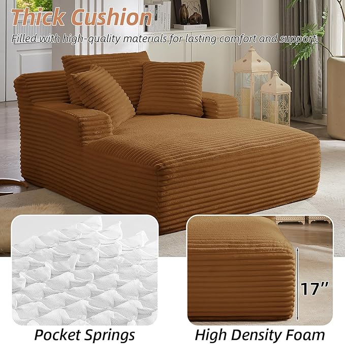 Oversized Chaise Lounge Chair Indoor Corduroy Sofa Bed with Throw Pillows Recliner Chair Comfy Large Deep Seat Sofa Couch for Living Room Bedroom Apartment (Orange)