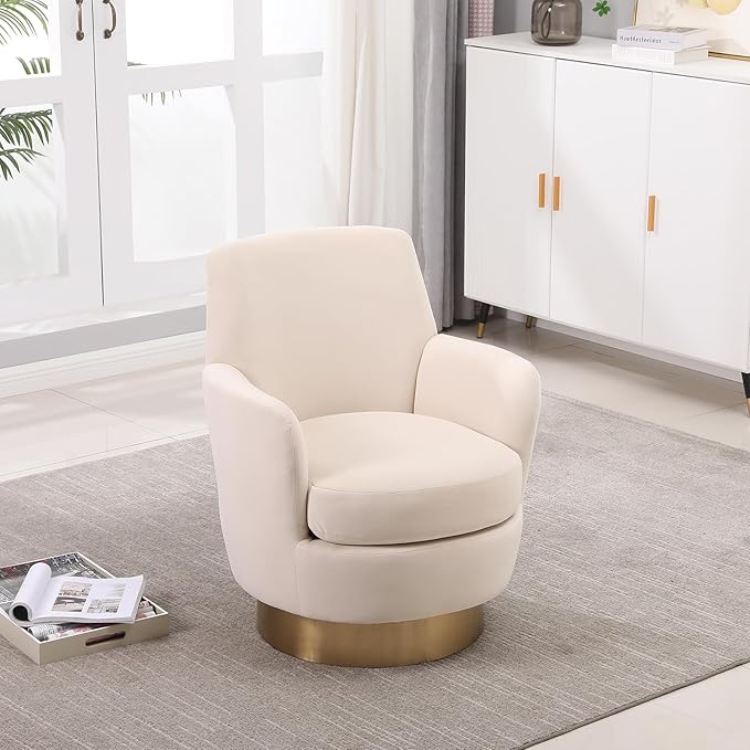 360° Swivel Barrel Accent Chair Comfy Round Accent Chairs with Gold Iron Base &amp Dual-Layer Cushion Modern Lounge Reading Armchair Upholstered Sofa Chair for Living Room Bedroom(Velvet Beige)