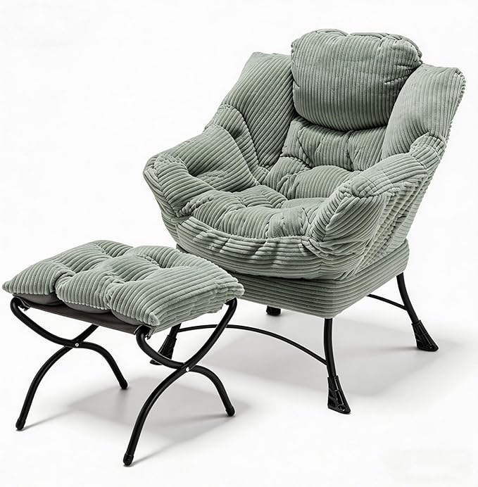 Oversized Lazy Chair with Ottoman for Adults Chair and Ottoman Set Modern Skinny Lounge Chair with Footrest Wide Reading Chair for Living Room/Bedroom Comfy Accent Armchair for Small Spaces Green