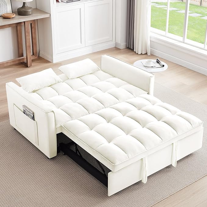 3 in 1 Convertible Sleeper Sofa BedFuton Pull Out Couch with Adjustable BackrestVelvet Fabric Loveseat Sofa with Side Pocket for Bedroom Living Room (Beige)