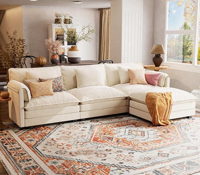 ELUCHANG 113 L Shaped Modular Sectional Couch Comfy 4-Seat Cloud Couch with Movable Ottoman Deep Seat Sofa Couches for Living Room Apartment DIY Combination Chenille Beige