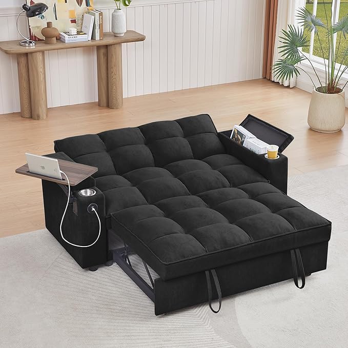 65'' Convertible Sleeper Sofa Bed with Adjustable Backrest Chaise Lounge Side Table &amp USB/Type-C Ports – Stylish &amp Functional Addition to Any Living Room (Black)