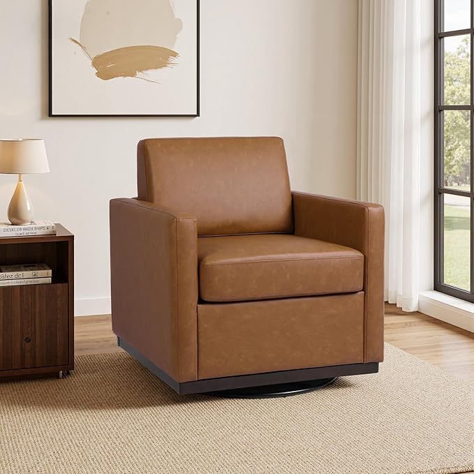 Faux Leather Swivel Accent Chairs Set of 2 360° Swivel Upholstered Club Armchairs for Living Room 31 Wide Square Single Sofa Reading Chair with Deep Seat Metal Swivel Base Brown