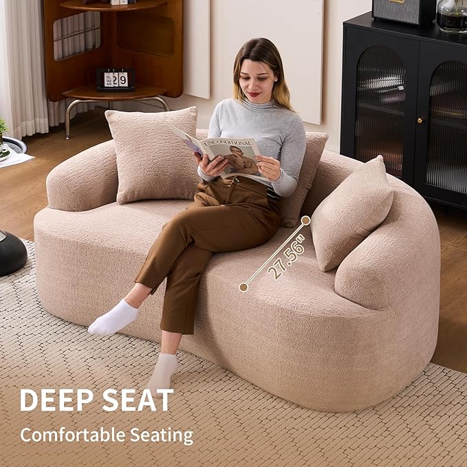 65 Curved LoveseatDeep Seat Cloud Floor Couch with 3 BackrestCozy Chenille FabricSmall Loveseat for Small SpacesBedroomOfficeApartment (Beige 65 Inch)