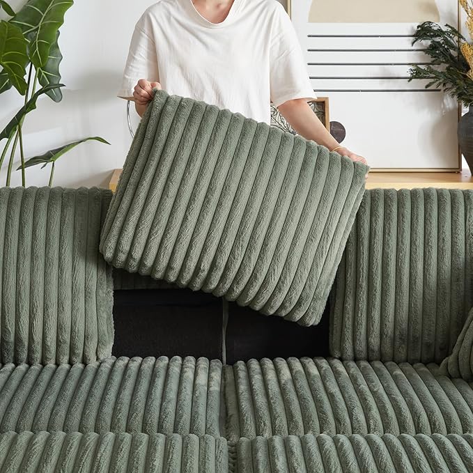 84 Corduroy Modular Cloud Couch with 2 Ottomans Modern Oversized 3-Seater Deep Seat Sofa with Back &amp Toss Pillows Comfy Sofa with 2 Storage Spaces &amp Cup Grooves for Living Room Army Green
