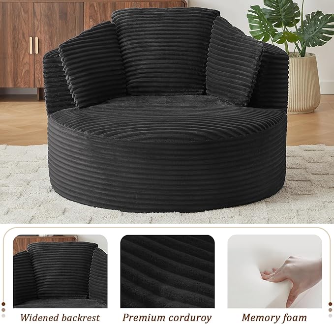 Round Chair Lounge Chaise Indoor 48.8 Oversized Sofa Chair Upholstered Corduroy Deep Seat Sleeper Sofa Bed No Assembly Required for Living Room Bedroom Apartment Black
