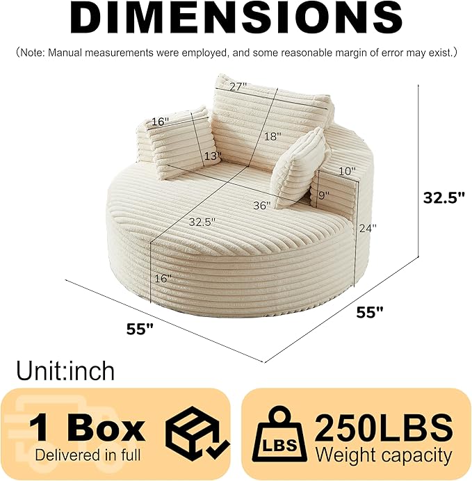 55 White Oversized Round Boneless Couch Sofa Corduroy Memory Foam Cloud Couches Lounge Chair Comfy Fluffy Single Sofa with 3 Pillows for Living Room Bedroom No Assembly Required (White)