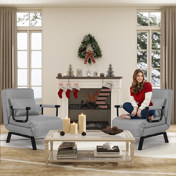 TYBOATLE Folding Chair Bed Comfy Convertible Sleeper Sofa 5 in 1 Folding Bed with 5-Position Adjustable Backrest &amp Pillow Floor Single Chairs Cozy Futon Chair for Small Spaces Office (Light G