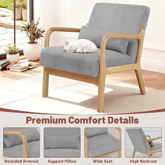 Accent Chair Mid-Century Modern Armchair with Waist Cushion Fabric Lounge Reading Chair with Wood Frame Comfy Single Sitting Seat for Living Room Bedroom Balcony up to 450lbs Gray