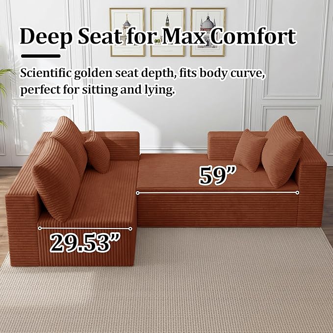 108 Modular Sectional Sofa L-Shaped Cloud Couch with Deep Seats &amp Chaise Convertible 4-in-1 Corduroy Boneless Couches for Living Room Bedroom No Need Assembly - Brown