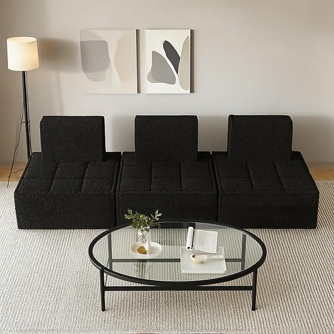 PurrJoys Modular Sectional 3-Seater Sofa 3-Piece Deep Seat Corduroy Lounge Sofa Small 3-Seater Couch for Living Room Bedroom Apartment Black
