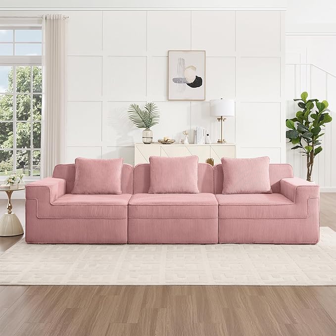 117.3 Corduroy Boneless Sectional Couch with High Density Memory Foam SofaCloud Sofa with Deep Seats and Wide Armrests3 Seater Pink Sofa for Living Room Apartments