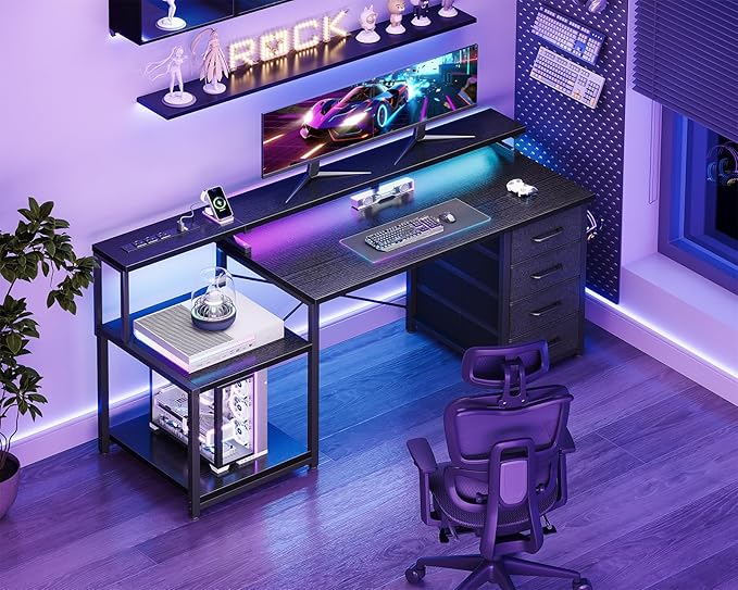 ODK 55 Inch Computer Desk with 4 Drawers Office Desk with Power Outlets Printer Shelf &amp Storage Shelves Large Writing Study Table for Home Bedroom Study or Gaming Setup Black
