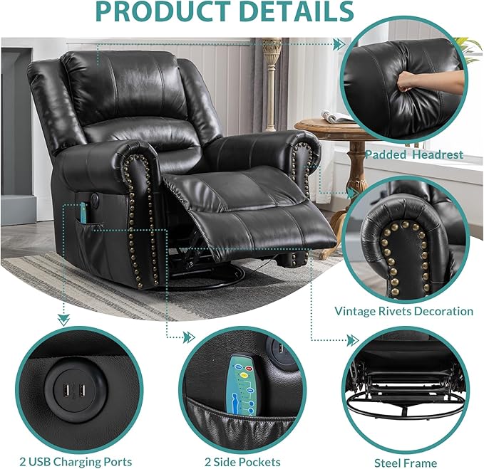 MEETWARM Massage Swivel Rocker Recliner with Heat and Vibration Manual Glider Rocking Recliner Chair 360°Swivel Lounge Reclining Chair with Remote Control/USB Ports for Living Room(Black)