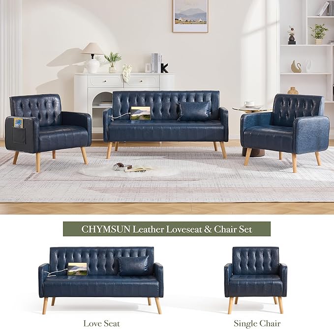 Leather Accent Chair Set of 2 Mid-Century Modern Tufted Living Room Chair with Wooden Legs and Side Pocket Cozy Office Reading Chair Comfy Armchair for Living Room Waiting Room