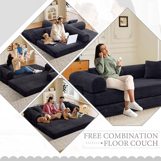 78 Convertible Sleeper Sofa Bed with Cylindrical Pillow Corduroy Folding Mattress Couch with Fixed Frame Floor Sofa Lounge Couch for Living Room Bedroom Apartment Black