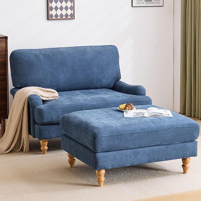 Bezseller Oversized Chair Indoor with Ottoman 46 W Upholstered Armrest Sofa Big Comfy Lounge Sofa Deep Seat Sleeper Chair for Living Room Apartment Bedroom Reading Room(Blue)