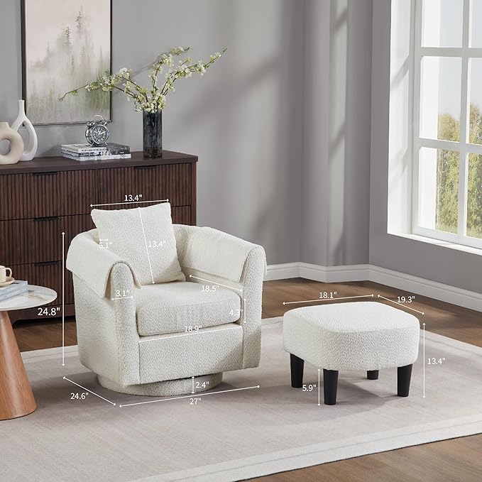 White Swivel Accent Chair with Ottoman 360° Barrel Chairs with Foot Stool Comfy Reading Chair with Removable Pillow &amp 2 Armrest Covers for Living Room Small Spaces Bedroom Chenille (White)