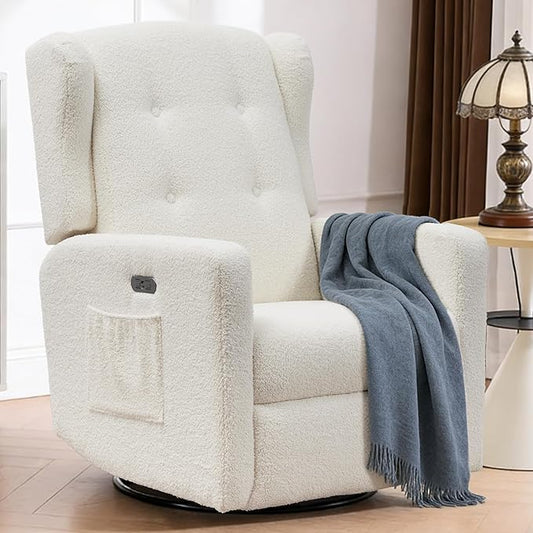 Swivel Rocker Power Recliner Chair for Nursery 270° Swivel Glider Recliner with USB &amp Type-C Charging Electric Reclining Chair with Storage Pockets Upholstered Recliner for Living Room(Teddy Be