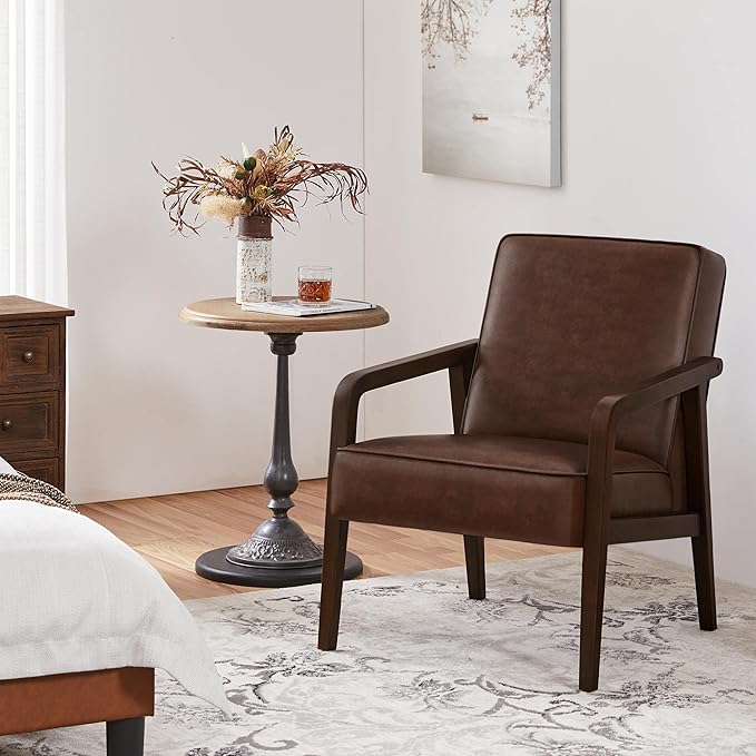 Yaheetech PU Leather Accent Chair Mid-Century Modern Barrel Chair with Wooden Frame and Soft Thick Padded for Living Room Bedroom Home Office Dark Brown