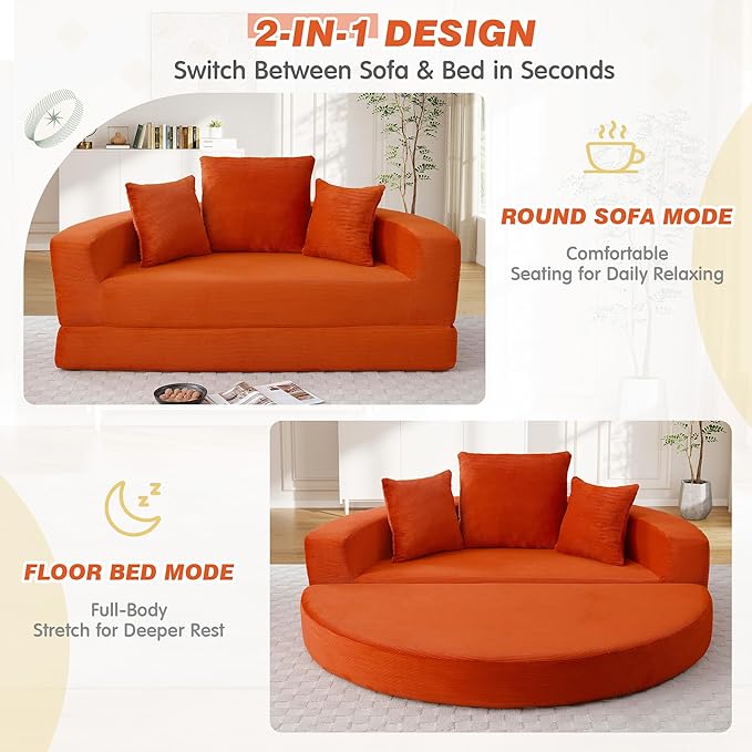 67” Oversized Round Sofa Bed 2 in 1 Convertible Circle Bed Folding Futon Lazy Floor Round Chaise Lounge Chair Comfy Corduroy Boneless Loveseat Couch for Living Room Apartment No Assembly (Orange)